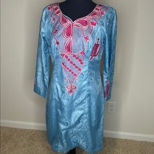 Elegant Blue and Pink Embroidered Dress